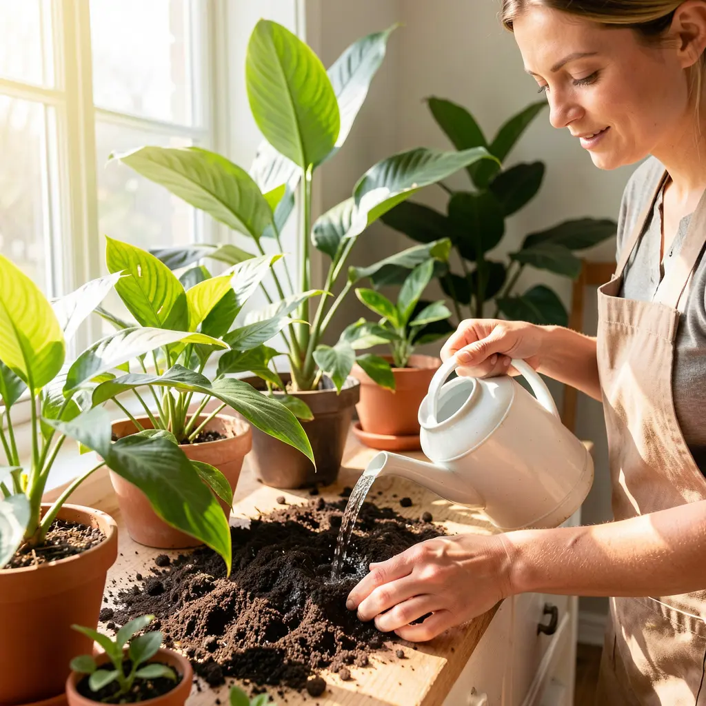 Indoor plant care specialist watering tropical houseplants